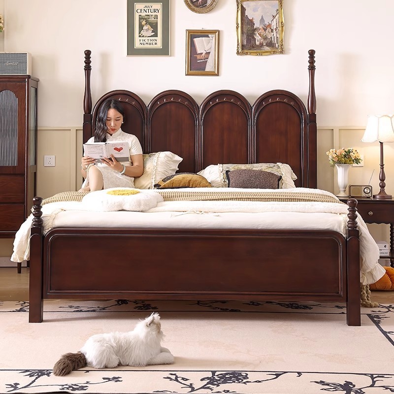 全实木床中古风床法式复古1米8主卧美式双人床高箱储物床卧室家具