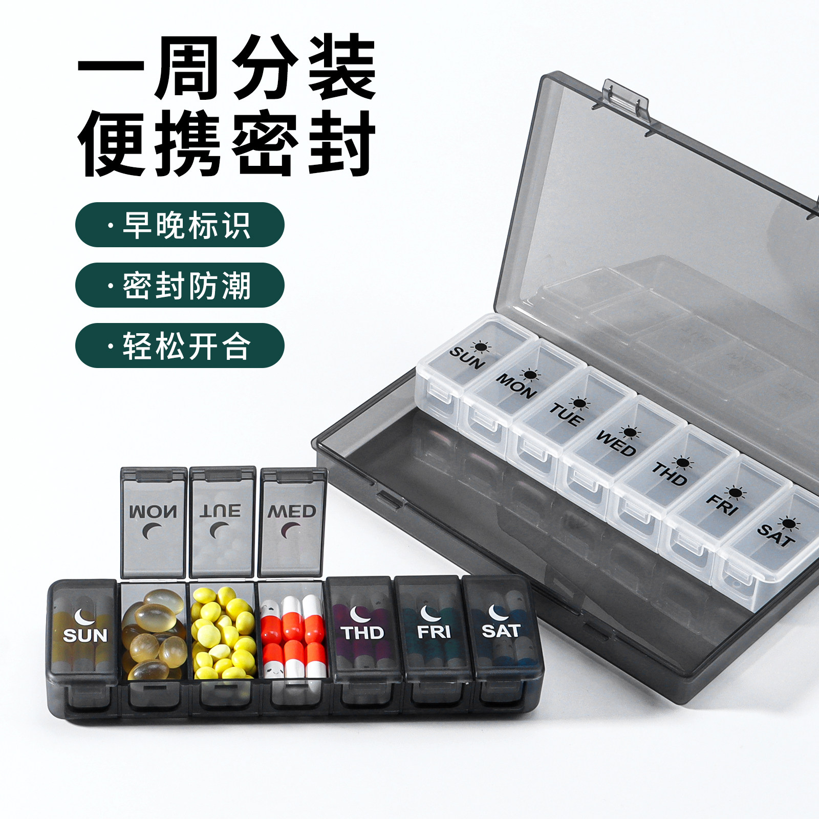 药盒一周七天早晚药丸分装盒便携密封分格大容量收纳盒