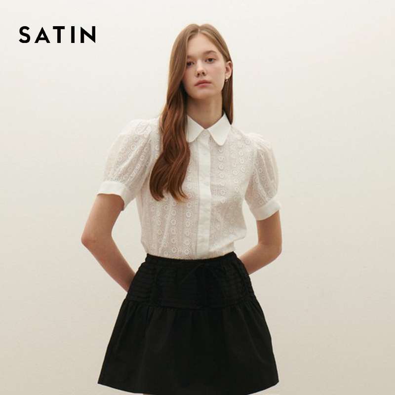 SATIN时尚减龄灯笼袖衬衫2025夏季新款短袖通勤上衣女装O252T202