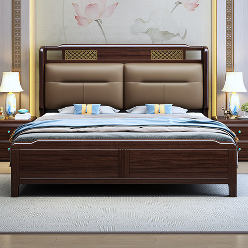 乌金木床新中式卧室一米八双人气压高箱储物1.5m实木床真皮软包床