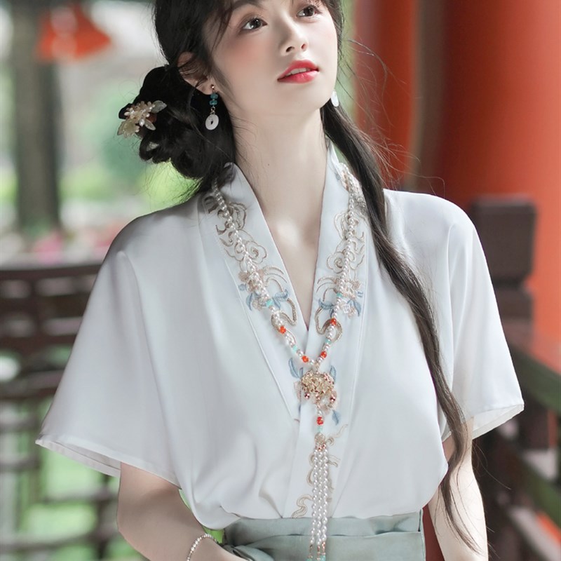 极速配马面裙的上衣交领r夏季刺绣国风女装新中式古风汉服衬衫短图片