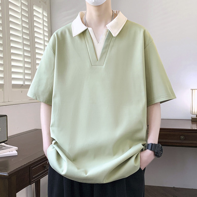 大码短袖t恤男款夏季美式宽松撞色翻领Polo衫胖子假两件半袖衣服
