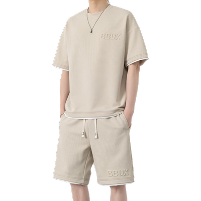 休闲运动套装男夏季华夫格加肥加大短袖短裤穿搭一套宽松大码男装