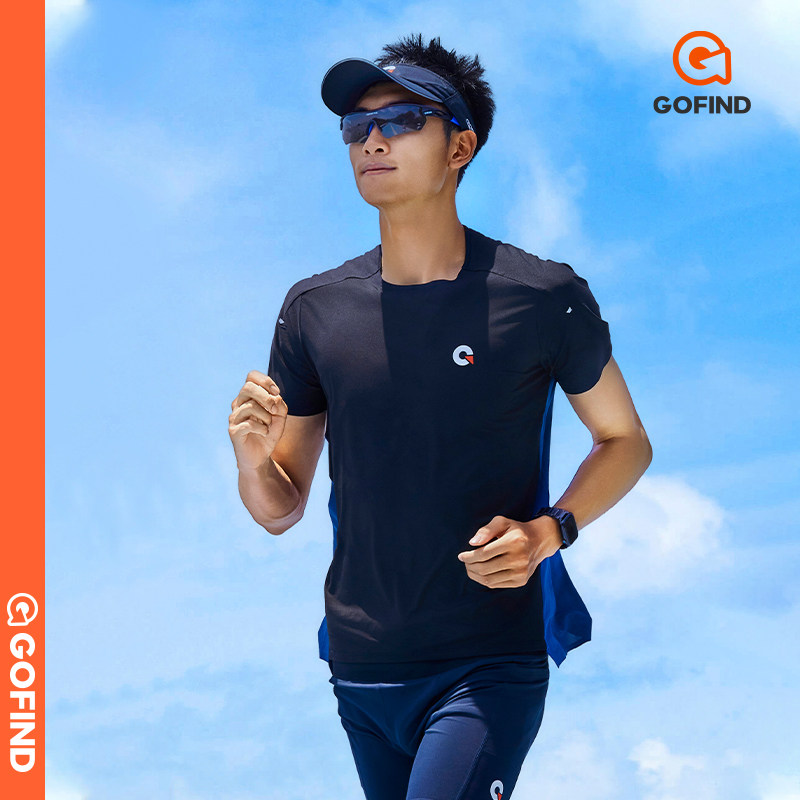 新品果凡跑步速干透气男女跑步运动马拉松拼色超弹圆领短袖T恤