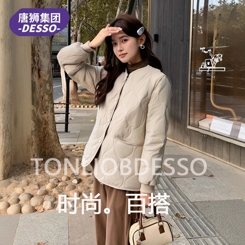 S唐狮集团DESSO棉服外套女欧洲站轻薄小众气质无领显瘦短款羽绒棉