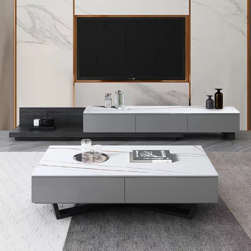 轻奢大理石茶几电视柜组合简约现代黑白灰色客厅岩板茶几电视柜