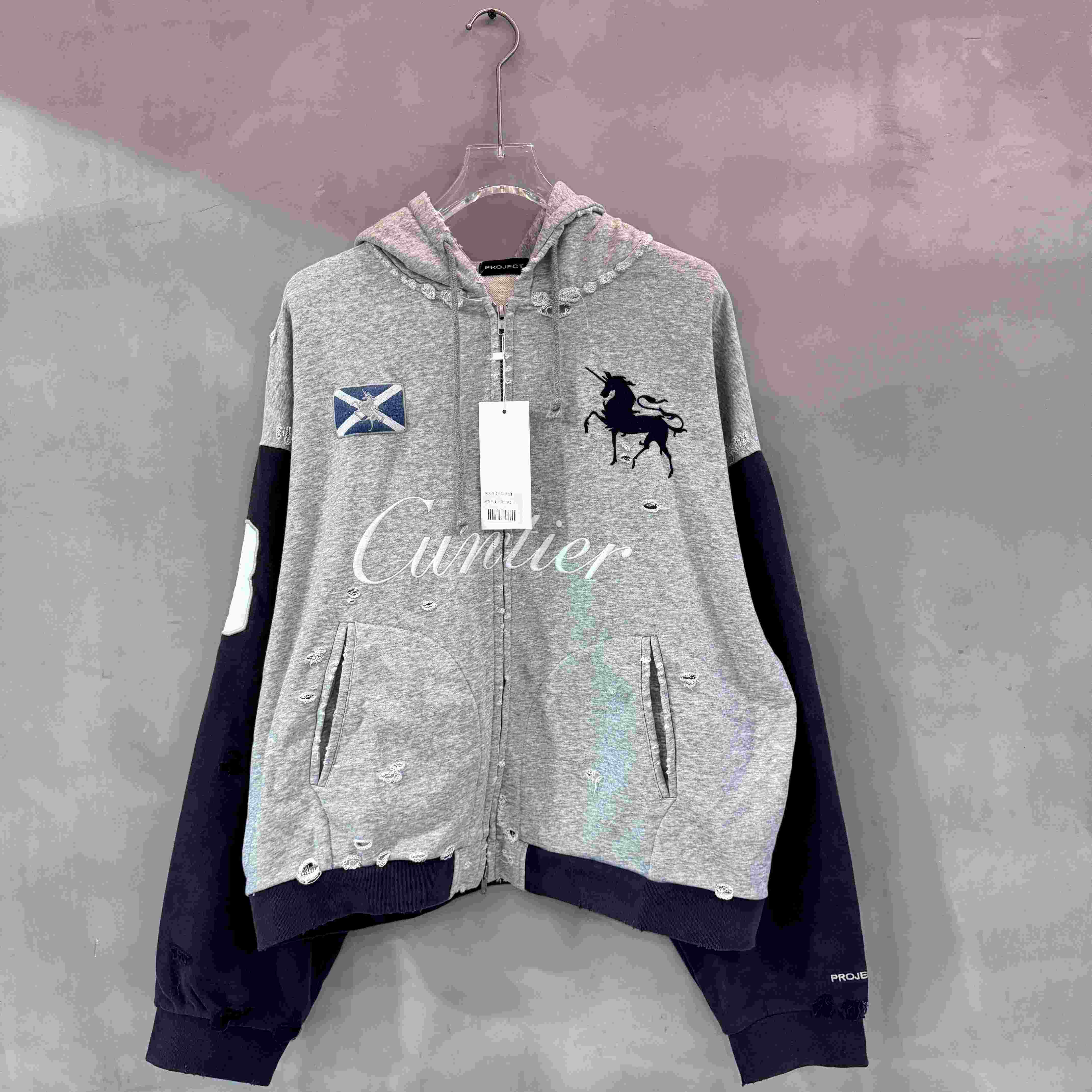 GRAILZ小众潮牌战马刺绣拼接水洗做旧磨破拉链开衫连帽卫衣外套