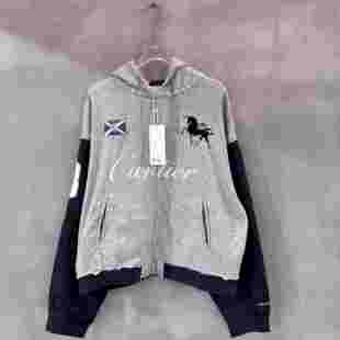 GRAILZ小众潮牌战马刺绣拼接水洗做旧磨破拉链开衫连帽卫衣外套