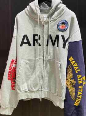 Protocol Index 25FW Project G/R 做旧破坏拼接拉链连帽卫衣帽衫