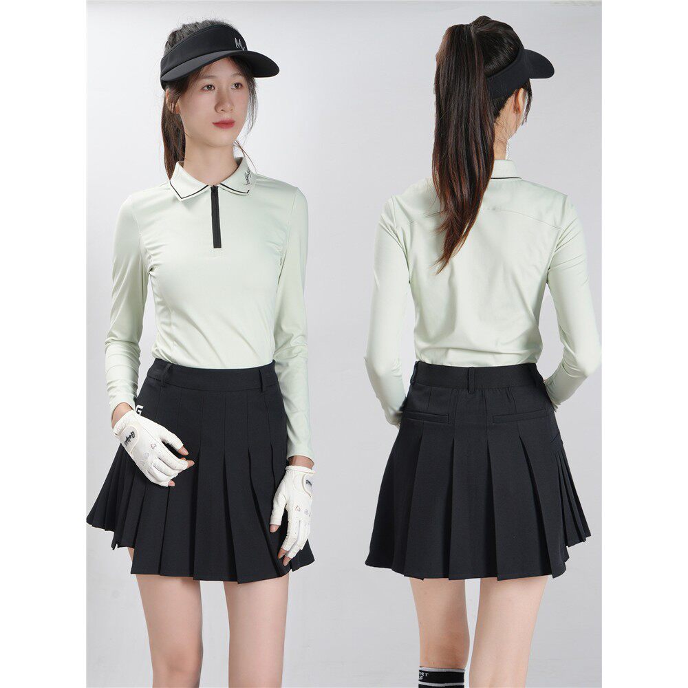 春秋女装高尔夫女士长袖t恤裙子套装速干弹力运动翻领polo衫上衣