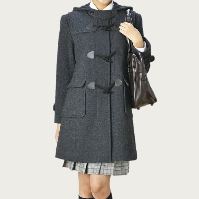 JK制服毛呢外套牛角扣大衣女中长款连帽校供全羊毛candy01W100