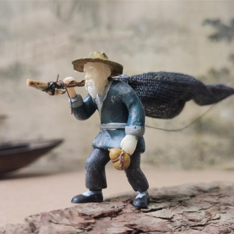 中式桌面微景观摆件古q代人物装饰山石盆景江南农家乌篷船捕鱼渔