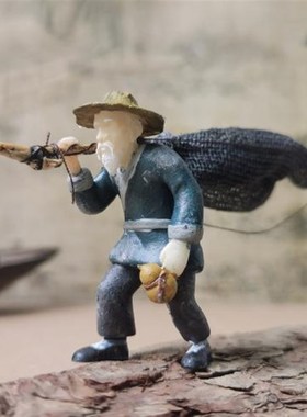 中式桌面微景观摆件古q代人物装饰山石盆景江南农家乌篷船捕鱼渔