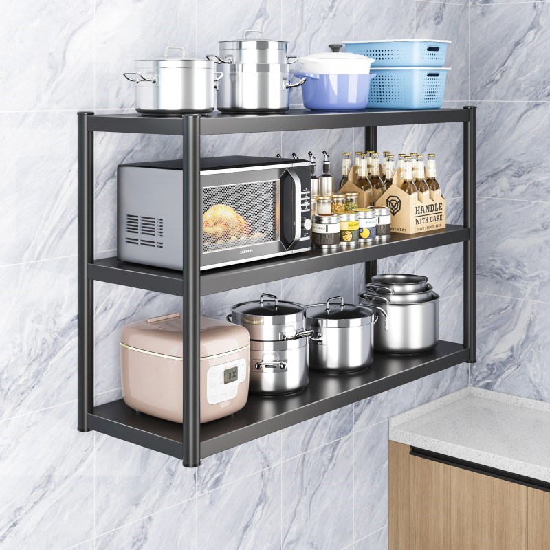 厨房黑色挂墙置物架加厚壁挂式两三层微波炉调料上墙上.吊锅碗架