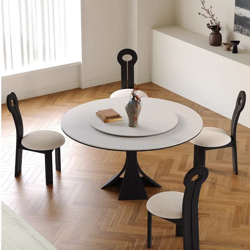 轻法式岩板圆形餐桌复古奶油风家用小户K型简约现代实木意式饭桌
