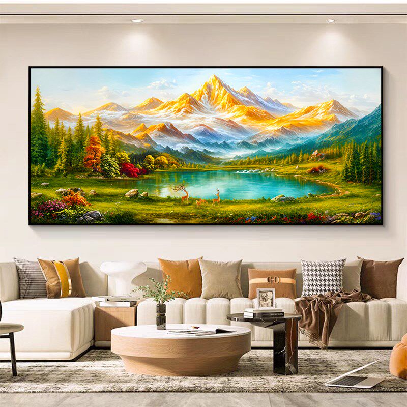 背靠金山聚宝盆十字绣2025新款高端客厅高级感大幅风景山水画刺绣