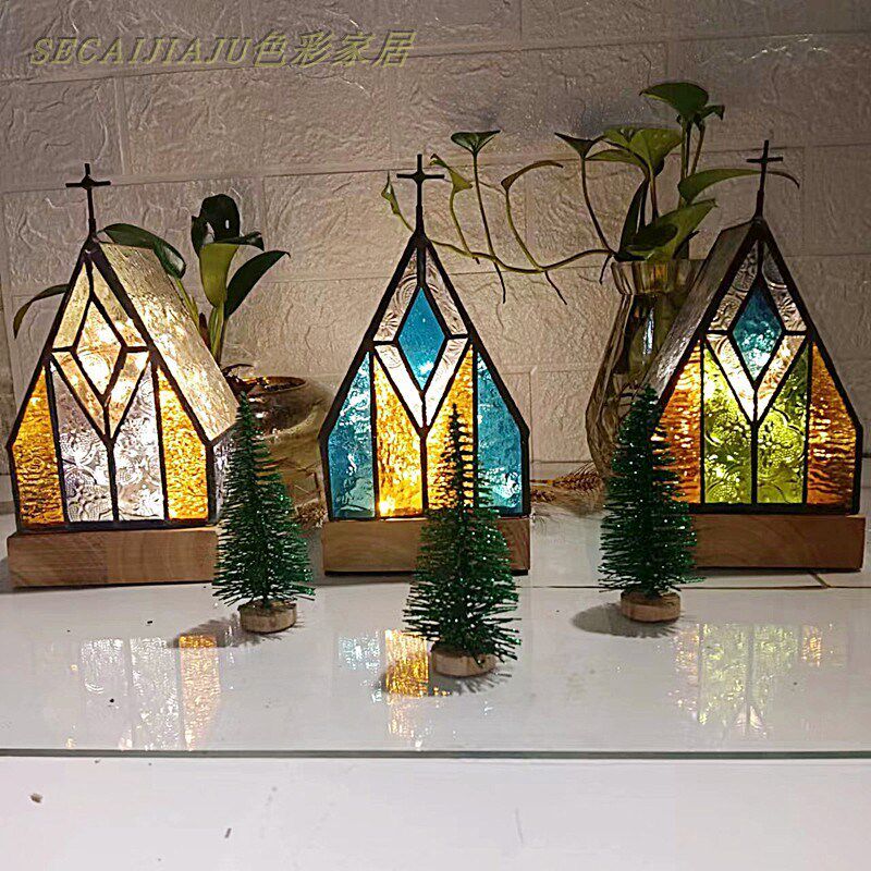 手工玻璃复古床头灯欧式彩色玻璃台灯教堂摆件装饰夜灯房子弥撒日