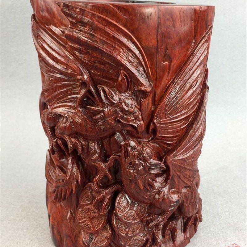 艺中堂印度小叶紫檀木料笔筒办公室桌面红木工艺品木雕摆件家居件