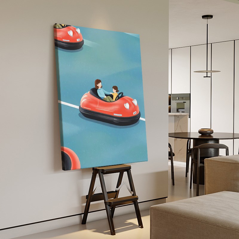 儿童房玩具车手绘油画客厅玄关亲子玩乐卡N通装饰画蓝色丙烯挂画图片