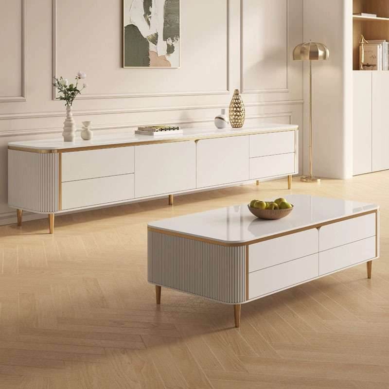 轻奢岩板落地电视柜茶几组合现代简约小户型奶油风客厅实木落地柜