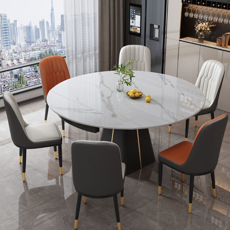 岩板餐桌组合现代简约轻奢家用小户型可折叠伸缩圆桌子跳台饭桌