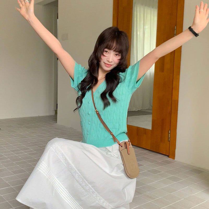 【you think】2026春季新款韩版短袖V领麻花百搭时尚针织衫女2685