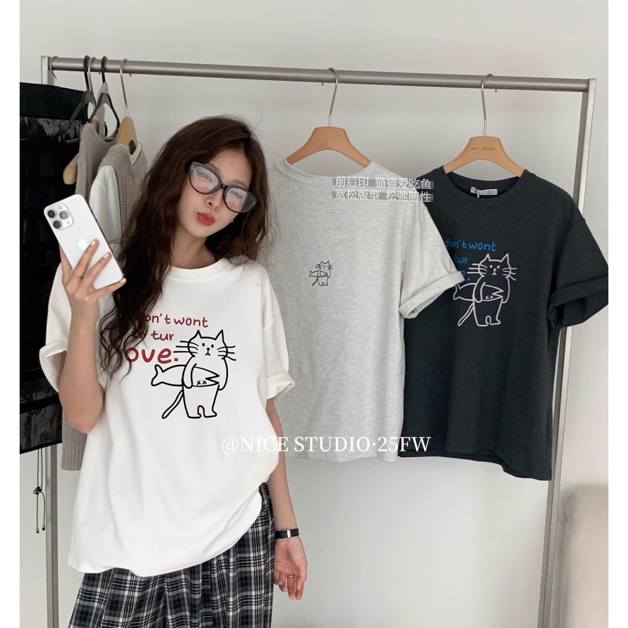 【奶思家NICE STUDIO】2025秋季猫咪前后印花宽松短袖T恤女08583