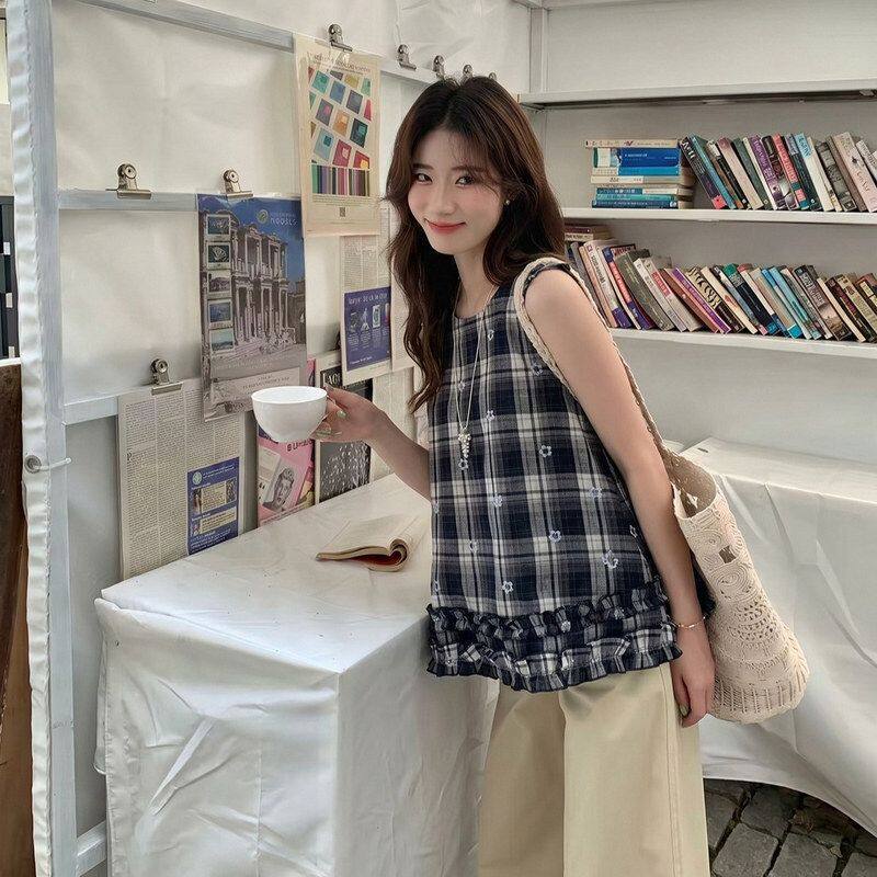 【苏珊SUSAN】2026夏上新韩版花边拼接小个子格子无袖衬衫TT5076