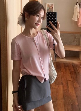 【SIM】2025夏季韩系圆领单排扣显瘦百搭时尚针织开衫女7012