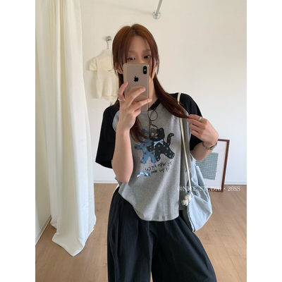 【奶思家NICE STUDI】2026春季新款猫咪印花抽褶插肩袖短袖W63815