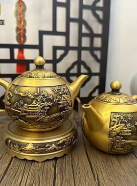 【冠午铜艺】纯黄铜拉丝茶壶山水壶龙凤茶壶办公室家居工艺品摆