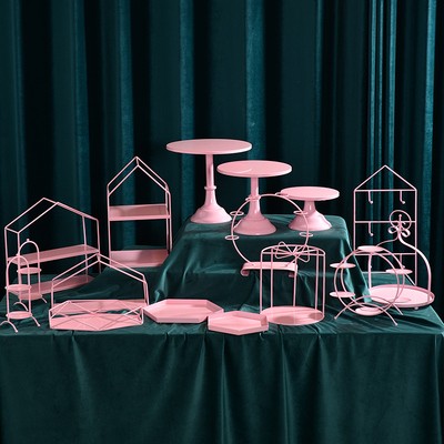 粉色蛋糕盘d婚庆道具欧式铁艺蛋糕架甜品台摆件铁艺点心架12件套