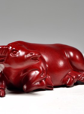 红色木质水牛摆件实木雕刻生肖卧牛D家居办公室摆设开业送礼工艺