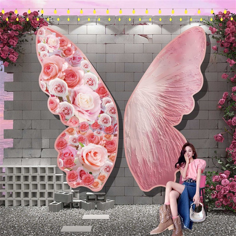 网红打卡拍照区布置巨型蝴蝶装饰民宿小院K造背景形象花墙面贴纸Q