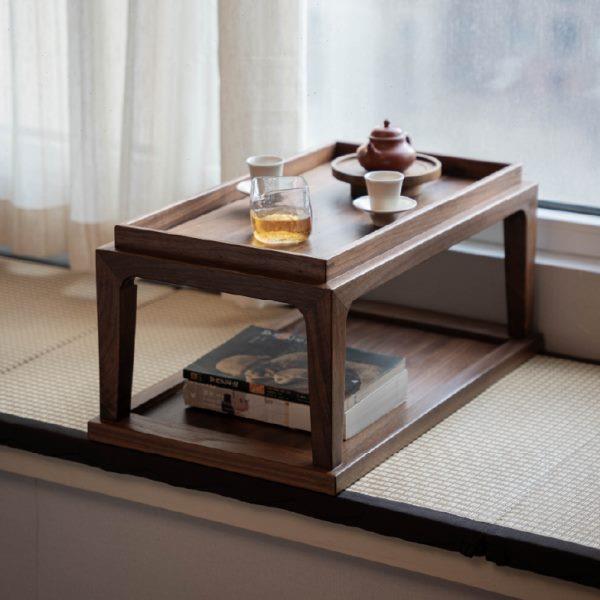 九间房榻榻米茶边几置物架黑胡桃木实木矮桌边桌飘窗桌小茶桌