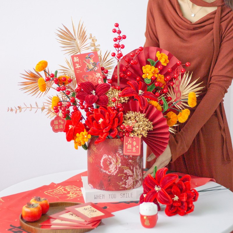 2025蛇年扭扭棒年宵花抱抱桶手工花成品diy材料T春节新年福桶礼物
