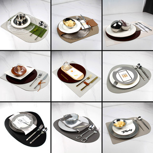 北欧样板间餐具套装软装餐桌摆台样板房餐盘摆件浅灰色皮餐垫套装