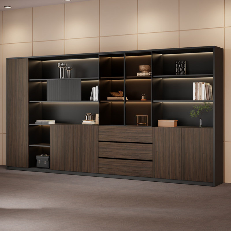 新中式办公室文件柜木质书柜老板桌背景柜靠墙落地五六门柜子定制