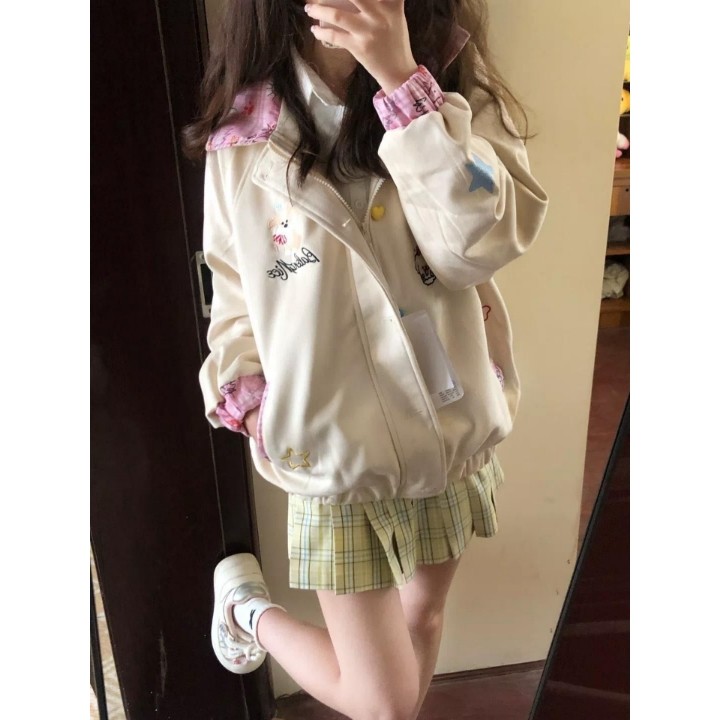 美式刺绣宽松棒球服开衫外套女春秋街头小众拼接夹克上衣