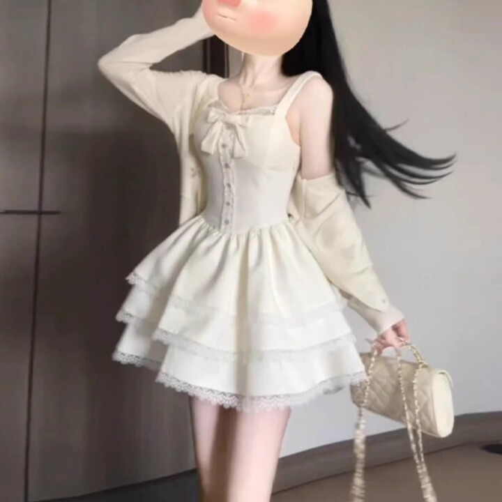 法式甜美独特超好看开衫外套蓬蓬蛋糕连衣裙两件套小个子春秋穿搭