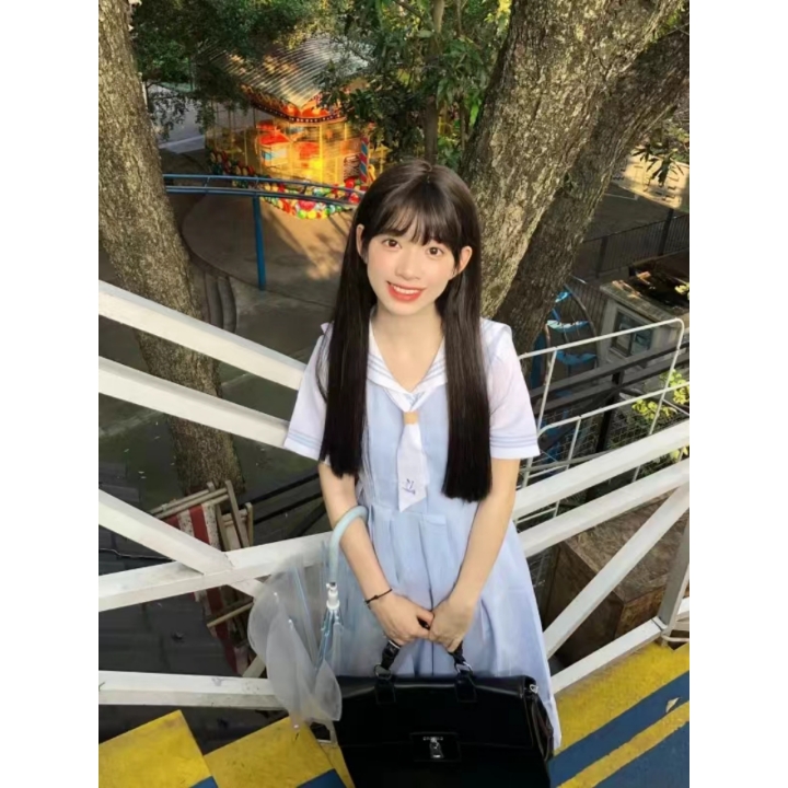 蓝色水手服连衣裙女小个子海军风短袖盛夏服箱褶校供jk长裙夏