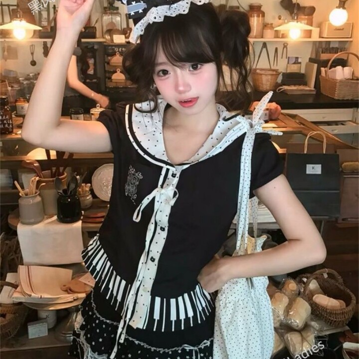 日系学院风波点海军领短袖上衣夏季新款高腰蓬蓬半身裙两件套女装