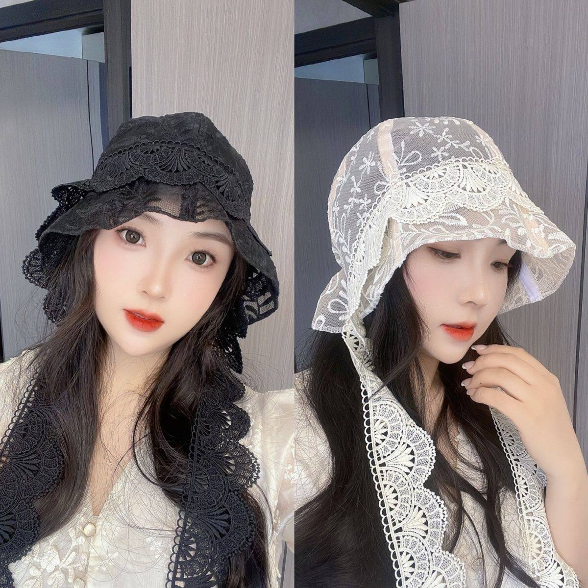 春夏蕾丝渔夫帽女薄款韩版百搭防晒帽透气遮脸拍照打卡舒适帽子