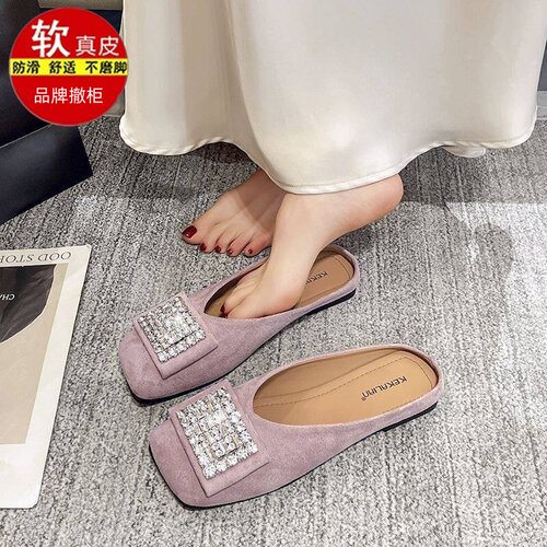 品牌特卖真皮包头半拖鞋外穿穆勒鞋女夏懒人鞋女一脚蹬方头凉拖女