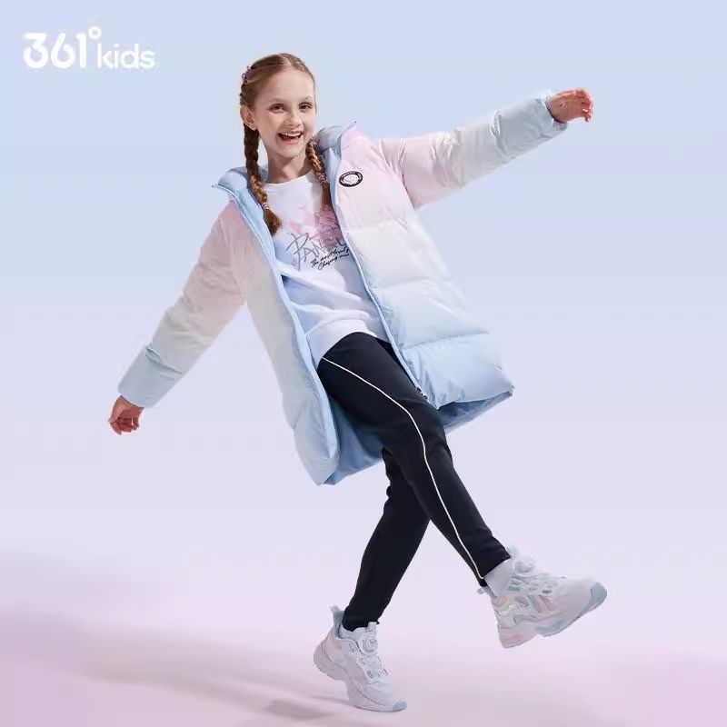 361°女童渐变羽绒服新品2024冬连帽中长款中大童保暖外套
