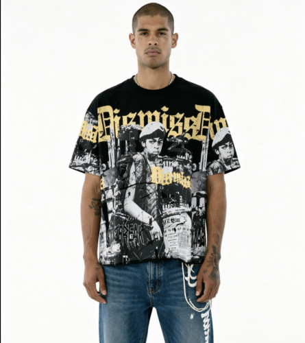 潮牌BKYS Dismiss F-Terry Cropped T-Shirt摇滚鼓手海报毛边短袖