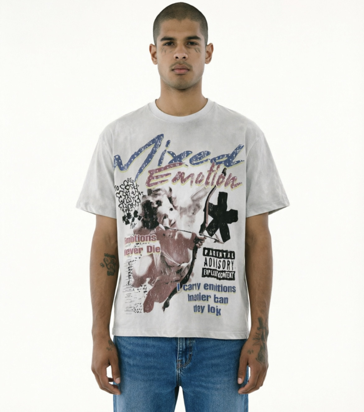 Mixed Emotion Triplets丘比特天使射箭印花烫钻洗水泥印做旧短袖