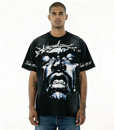 HELLSTAR路加福音19章41节哭泣主题后背臂膀印花水洗做旧短袖T恤