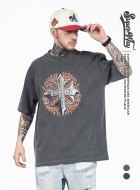 欧美摇滚十字火焰字母印花短袖T恤男女同款水洗做旧宽松圆领上衣