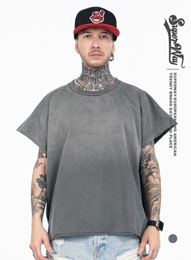 美式复古渐变纯色百搭毛边卷边T恤嘻哈男女做旧宽松圆领背心上衣